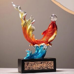 Chinese Feng Shui Jumping Koi Statue, Resin Koi Lucky Figurine with Crystal Ball